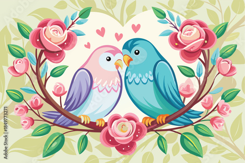 lovebirds cuddling on a heart shaped branch with rose