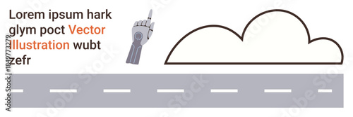 Technology advancement, transportation, automation, AI, future concepts, connectivity. A cloud, robotic hand and a roadway with minimalistic design. Technology and transportation illustrated