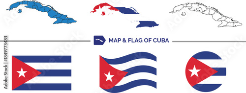 Print Set of 3 Cuba country maps and 3 Cuban flag vector illustrations with ribbon banners, patriotic colors, flat design, suitable for travel, tourism, geography, infographic and cultural projects