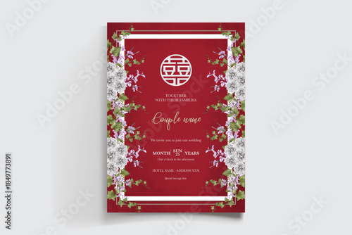 WEDDING INVITATION FRAME WITH FLOWER DECORATIONS AND FRESH LEAVES