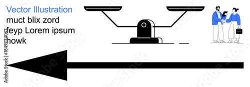 Decision making, business strategy, fairness, legal balance, direction, teamwork. A scale and an arrow with business figures. Decision making and business strategy visualization