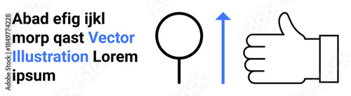 Business growth, feedback, endorsement, success, navigation, positivity. A thumbs-up icon, magnifying glass and upward arrow. Business growth and feedback concepts with simple design