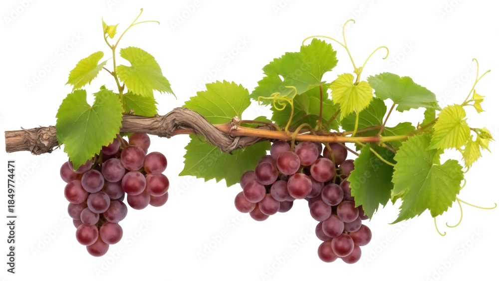 Fototapeta premium Isolated cluster of red grapes, fresh and ripe fruit with green leaves on branch vine stems