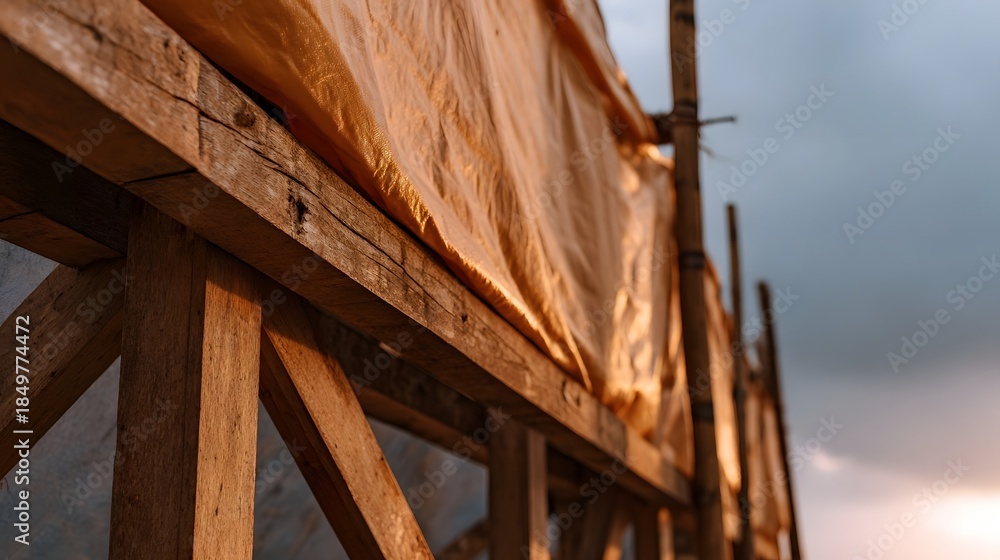 Obraz premium Wooden construction frame covered with an orange tarp against a dramatic cloudy sky at sunset
