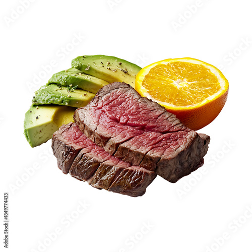 Juicy beef steak with avocado and orange slices on a transparent background