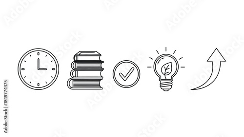 Five essential black line icons representing time management learning success ecofriendly ideas and growth progression in a sequence