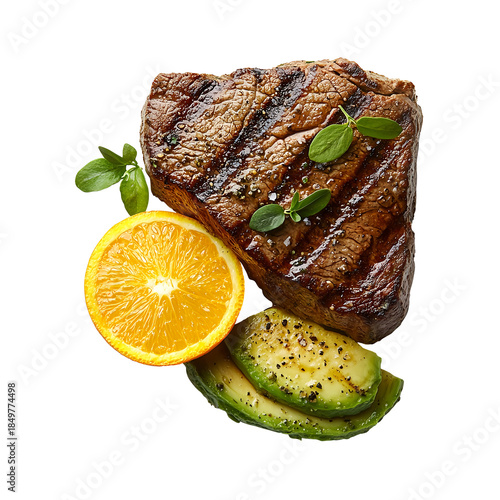 Grilled steak with orange and avocado garnish on a transparent background