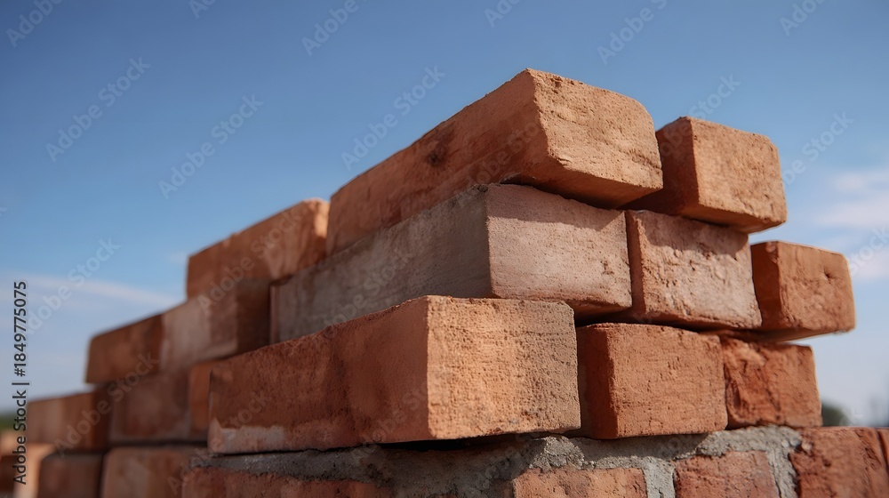 Fototapeta premium Stacked red clay bricks against a clear blue sky during daytime