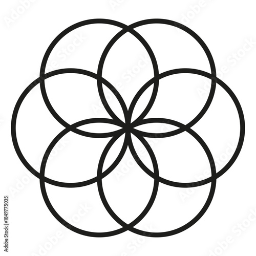 Vector illustration of the Flower of Life symbol made of overlapping circles. Minimal geometric line design related to sacred geometry, harmony, balance, mathematics and spiritual concepts.