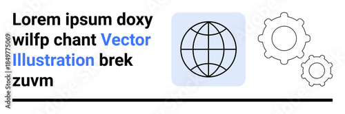Digital communication, globalization, problem-solving, process improvement, teamwork, technology services. Globe and gear icons on a minimalist layout. Digital communication and globalization concept