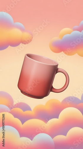 Pink Coffee Mug Floating in Air with Colorful Clouds Background