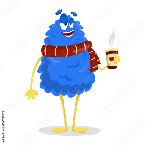 A cute vector monster holding a cup of coffee. Monster, vector, coffee, enjoyment, relaxation
