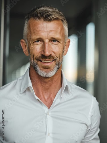 Smart and Confident Portrait: A handsome, mature man exudes confidence and approachability with a genuine smile and captivating gaze, the portrait focusing on his experience and refined aesthetic.