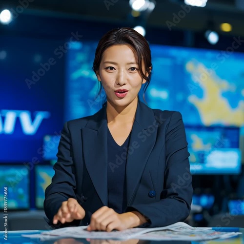 News Anchor Delivering Headlines: A poised news anchor, a symbol of information and media, presents the news with a look of professionalism. In a modern news studio.