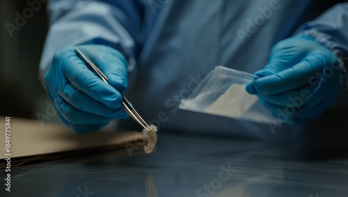 forensic technician collecting samples with gloved hands writing label for evidence tracking