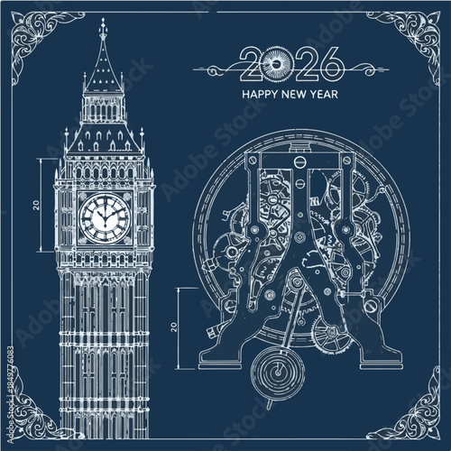 2026 Happy New Year Big Ben Clock Tower Blueprint Engineering