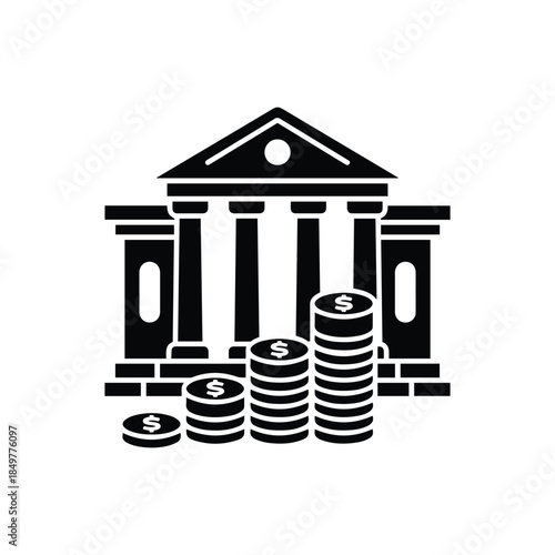 Financial institution icon depicting a classic bank building with large stacks of dollar coins representing savings, interest, and capital investment.
