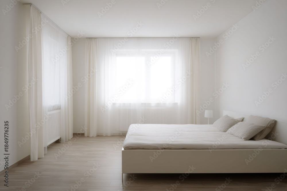 Fototapeta premium Minimalist bedroom interior with a white bed and neutral tones. Modern home with soft diffused lighting and clean lines. Simple design with copy space