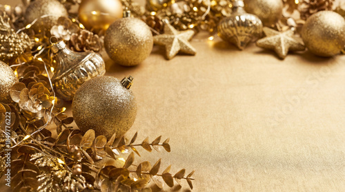 gold christmas decoration background with ornaments and empty copy space