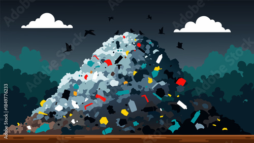 An illustrative depiction of a colossal garbage pile, symbolizing severe environmental pollution and the global waste management crisis threatening ecosystems