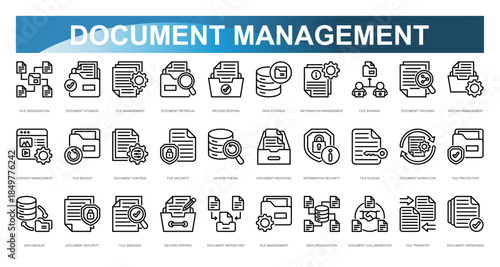 Document Management icon set. File Organization, Document Storage, File Management, Document Retrieval, Record Keeping, Data Storage, Information Management, File Sharing. Vector illustration