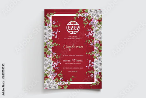 WEDDING INVITATION FRAME WITH FLOWER DECORATIONS AND FRESH LEAVES