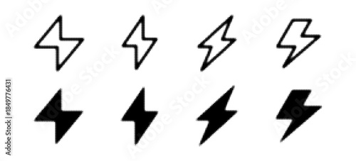 Halftone grunge lightning bolts set. black dotted flash thunderbolt. dotted thunder bolt symbol collection