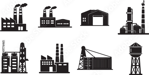 Industrial Building Silhouette Icon Set for Construction Design. Factory and Warehouse Black Icons – Vector Silhouette Collection