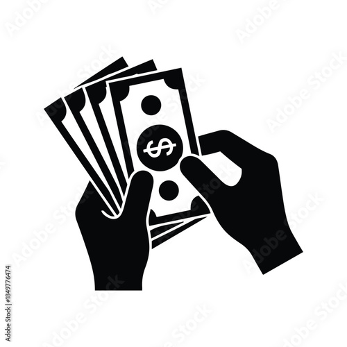 Vector illustration of human hands holding and counting a fan of paper dollar banknotes representing salary, payment, cash flow, and financial transactions.
