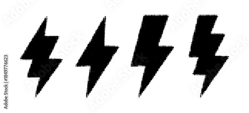 Halftone grunge lightning bolts set. black dotted flash thunderbolt. dotted thunder bolt symbol collection