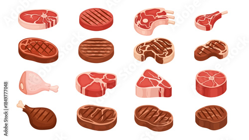 This colorful grid of isometric meat illustrations displays a variety of cuts, including steaks, ribs, burgers, and poultry, shown in both fresh raw stages and savory, char-grilled cooked forms