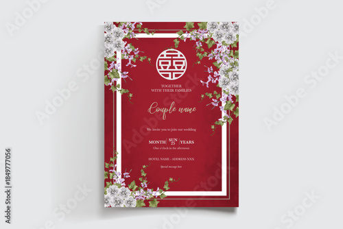 WEDDING INVITATION FRAME WITH FLOWER DECORATIONS AND FRESH LEAVES
