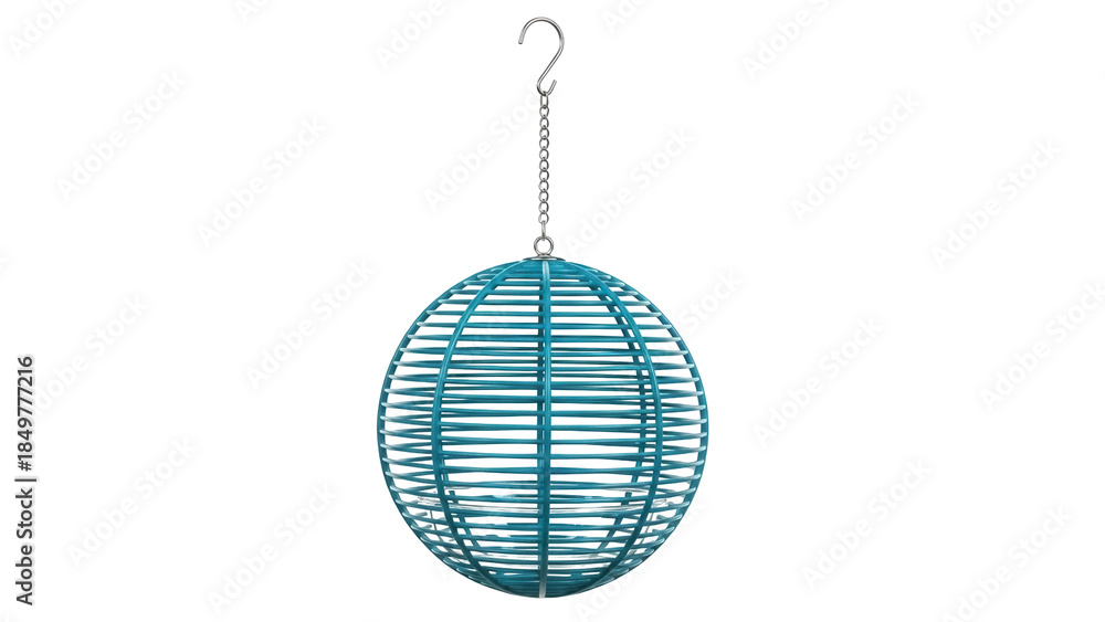 Obraz premium Isolated turquoise bird feeder with hanging chain, metal sphere design, no background