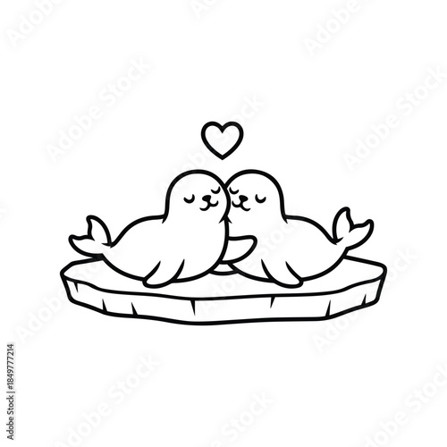 Cute Cartoon Seal Couple Nuzzling on Ice Floe with Heart Symbol Vector Illustration for Romantic Valentine's Day Design.