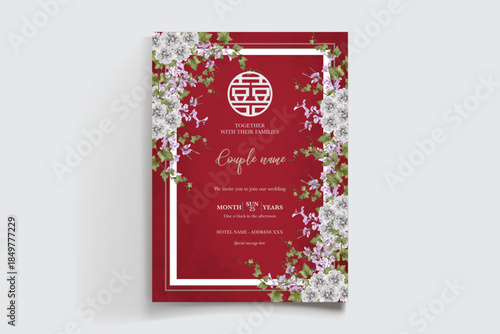 WEDDING INVITATION FRAME WITH FLOWER DECORATIONS AND FRESH LEAVES