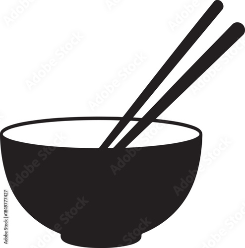 Minimalist illustration featuring a dark bowl holding two chopsticks ready for a meal