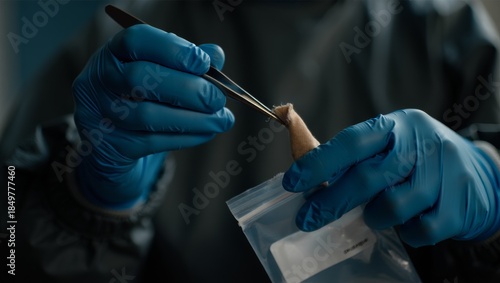 forensic technician collecting samples close up with tweezers and vial under dramatic scene light