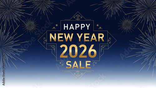 New Year Sale in 2026: An elegant design, with bold golden text against a gradient blue backdrop. Fireworks illuminate the festive scene, inviting the anticipation of a fresh start.
