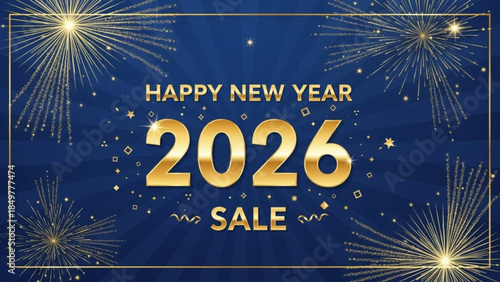 New Year Sale: A festive New Year sale banner in golden tones against a deep blue backdrop, the year 2026 is central, encircled by fireworks and celebratory elements. 