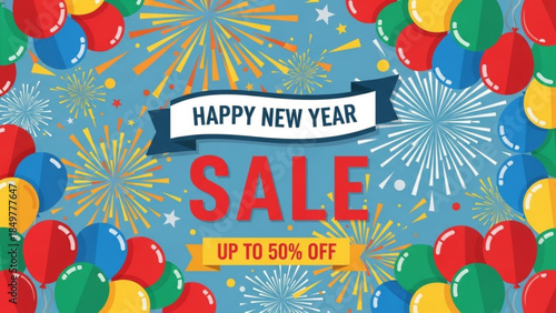 New Year Sale Banner: A festive banner heralding a Happy New Year sale, complete with vibrant balloons and fireworks, offering up to 50% off and embodying celebration and savings.