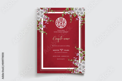 WEDDING INVITATION FRAME WITH FLOWER DECORATIONS AND FRESH LEAVES
