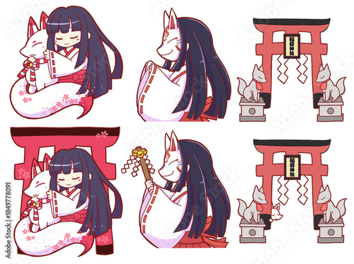 Billede på lærred Cute Inari Shrine Illustration Set with Fox Mask Miko, White Fox and Torii, Hand