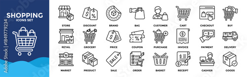 Shopping icon set collection. Icon pack contains cart, bag, store, buy, checkout, payment, discount, price, coupon, product, order, delivery, purchase, market, retail, cashier