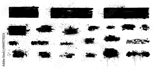 Paint splash splatter ink brush blob set. Grunge vector black spray stains. Background texture with watercolor blot and drip drops. Dirty liquid spots, rough dust, grain pattern. Graffiti abstract art