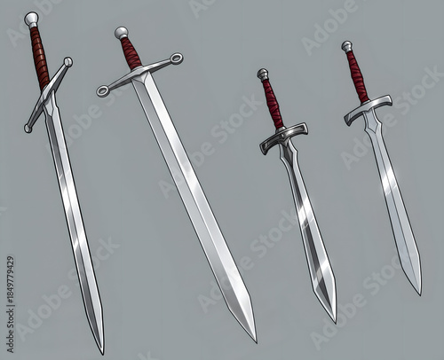 A gray background art piece featuring four swords in different angles, each with a red handle. A minimalist, graphic study of weapon design.