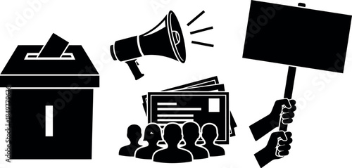 Bold black silhouette icons of ballot box, megaphone, protest crowd, and raised hand holding protest sign illustration