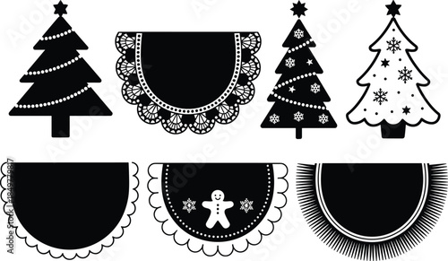 Christmas tree and festive skirt silhouette icons with holiday decorations, perfect for seasonal crafts, design, and celebration projects.