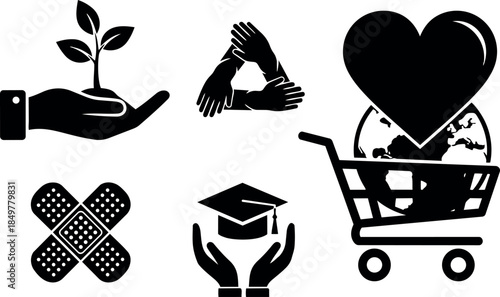 Black and white flat design icons showing hand holding plant, teamwork hands, heart in cart, bandage cross, graduation cap hands supportive symbols