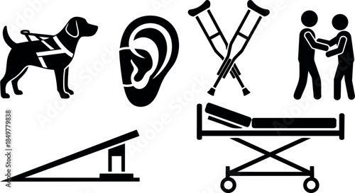 Black simple flat design icons of guide dog ear crutches handshake hospital bed and ramp for accessibility and support