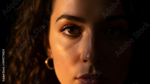 Intense close-up portrait of woman with dramatic golden side lighting | High contrast beauty shot focusing on brown eyes and skin texture | Mysterious female model illuminated by warm studio light | A